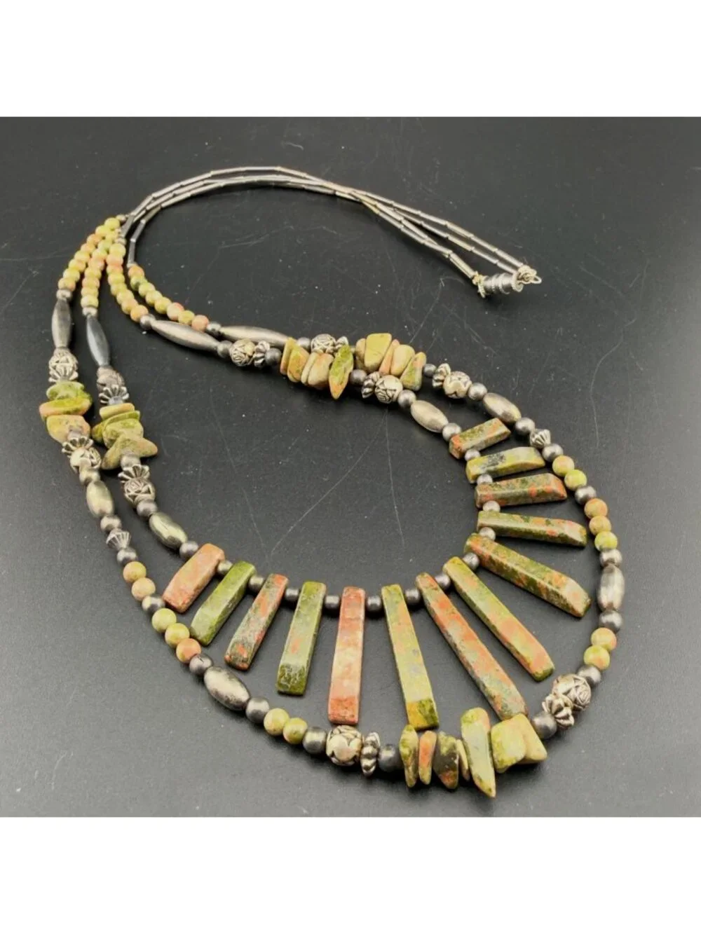 Vintage Stone Jasper Liquid Silver 2 Strand Beaded Statement Necklace 24